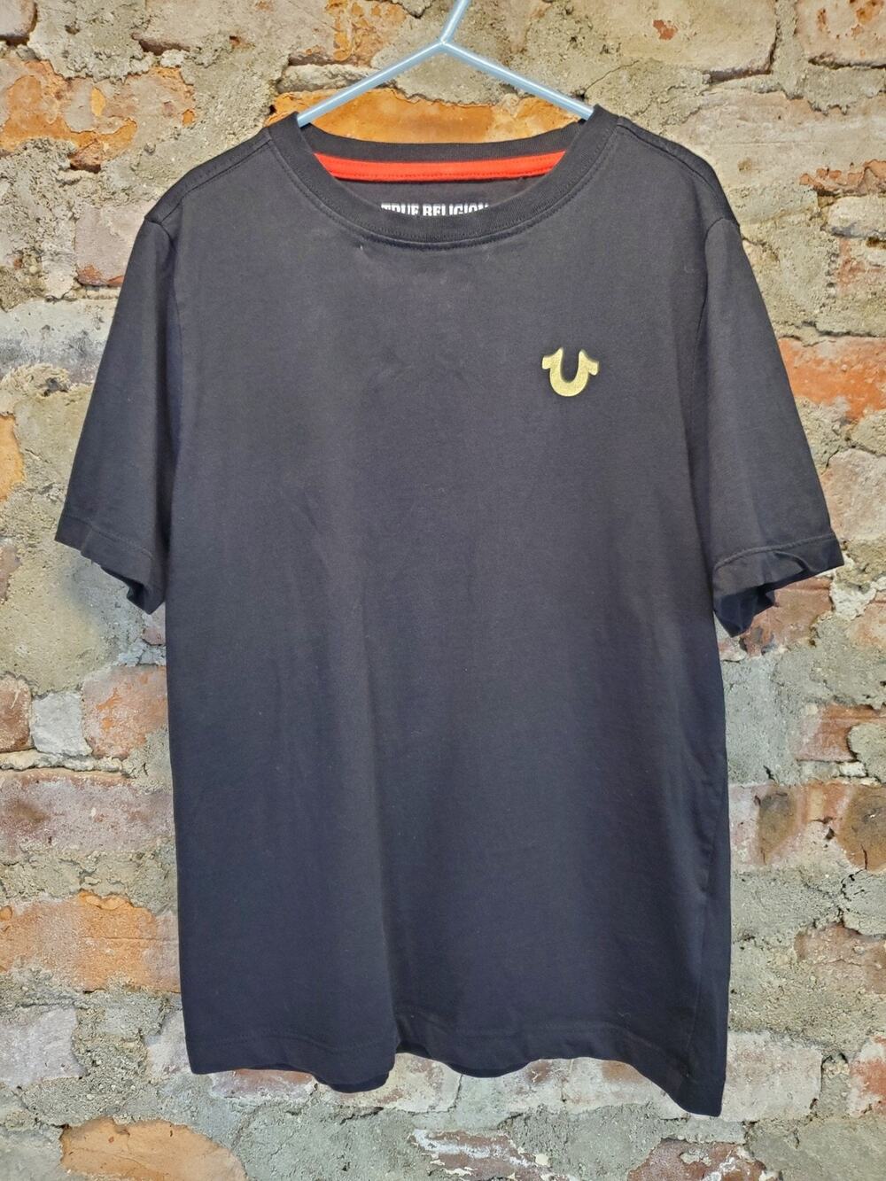 True Religion Boys T Shirt S 8 Black Gold Red Horseshoe Logo Graphic Tee